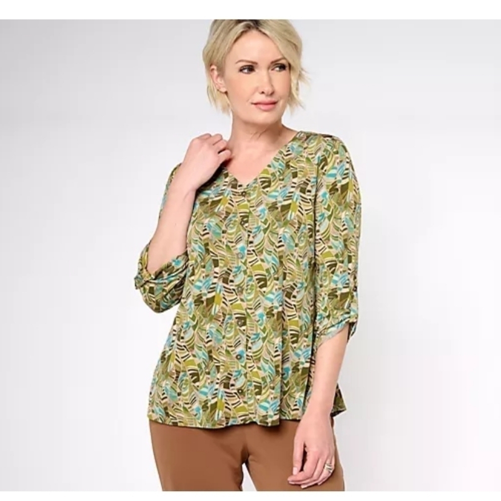 Susan Graver V-Neck Printed Top, 3/4 button Sleeve, button up, sz  3X
